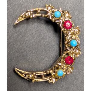 Vtg Gerry's Gold Tone Crescent Moon Brooch Pin Turquoise Ruby Red Rhinestones